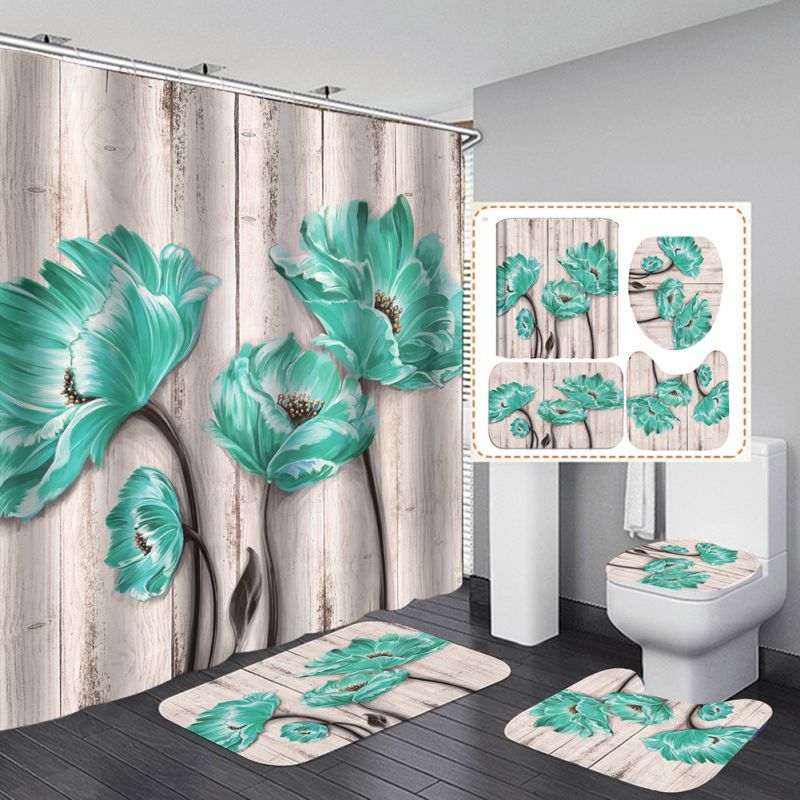 Retro Butterfly Rose Waterproof Shower Curtain Toilet Lid Cover Bathroom Mat 